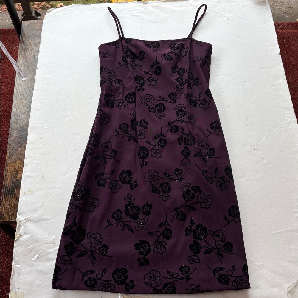 Vintage y2K 90’s Mini Dress Goth Purple Black Grunge Rose Slip NYE Velvet 6 Cute - Picture 3 of 17